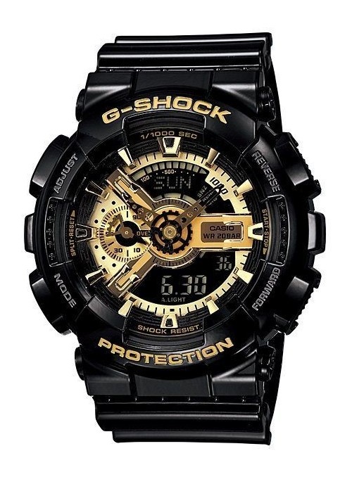 Casio G-Shock Men&#039;s Ana-Digi Gold Dial Black Resin Band Watch - GA-110GB-1A