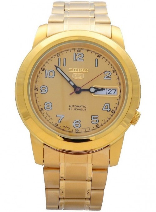 Seiko 5 Men&#039;s 21 Jewels Automatic Gold Tone Stainless Steel Analog Gold Dial Watch [SNKK38J1]